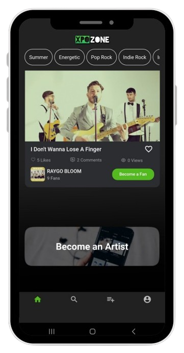 XPOZONE app home screen showing songs and artists