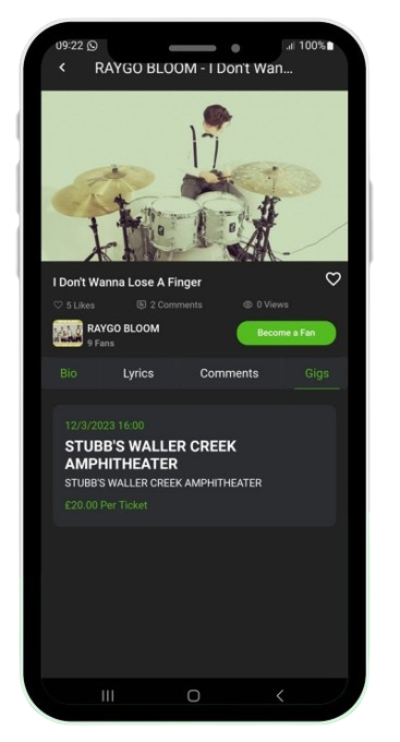XPOZONE app song detail screen showing gigs